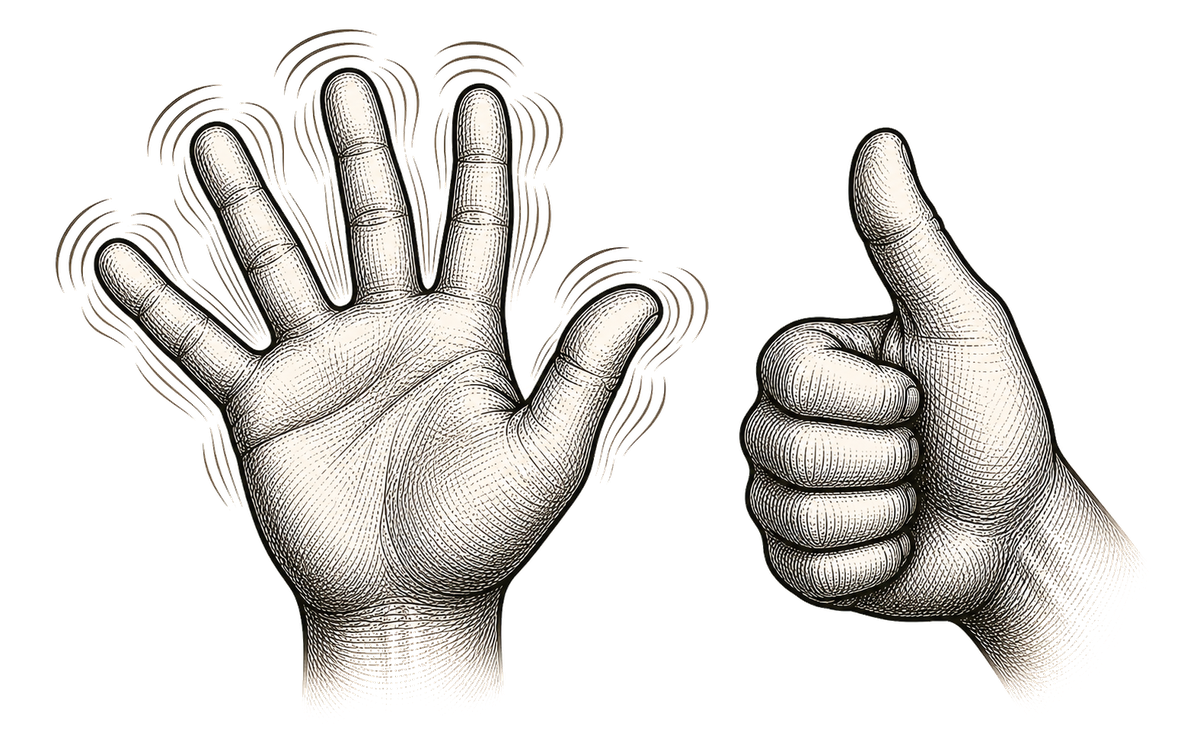 Wiggling your fingers or thumbs up to express enthusiasm or agreement