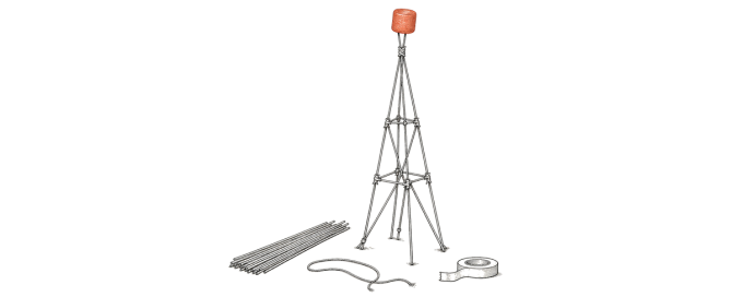 Hand-drawn spaghetti tower with a terracotta marshmallow on top, beside a bundle of spaghetti, a length of string, and a roll of tape.