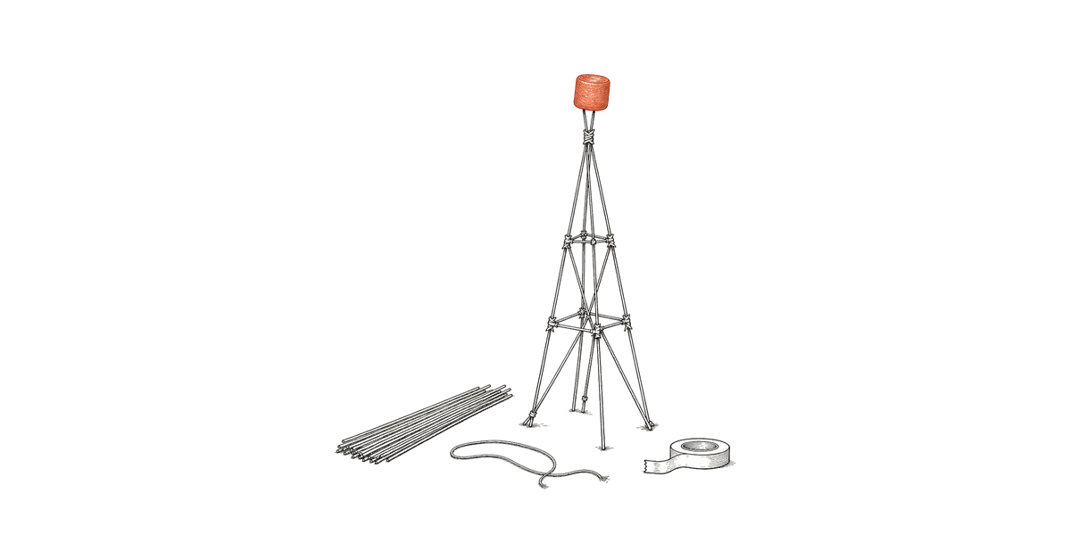 Hand-drawn spaghetti tower with a terracotta marshmallow on top, beside a bundle of spaghetti, a length of string, and a roll of tape.
