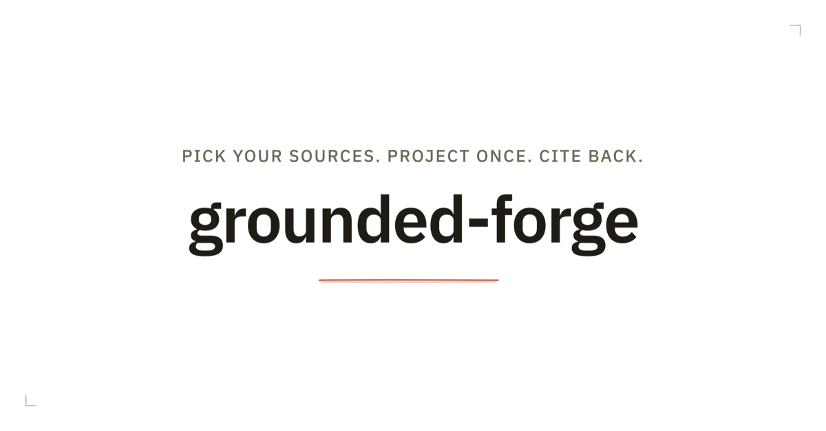 grounded-forge cover: pick your sources, project once, cite back.