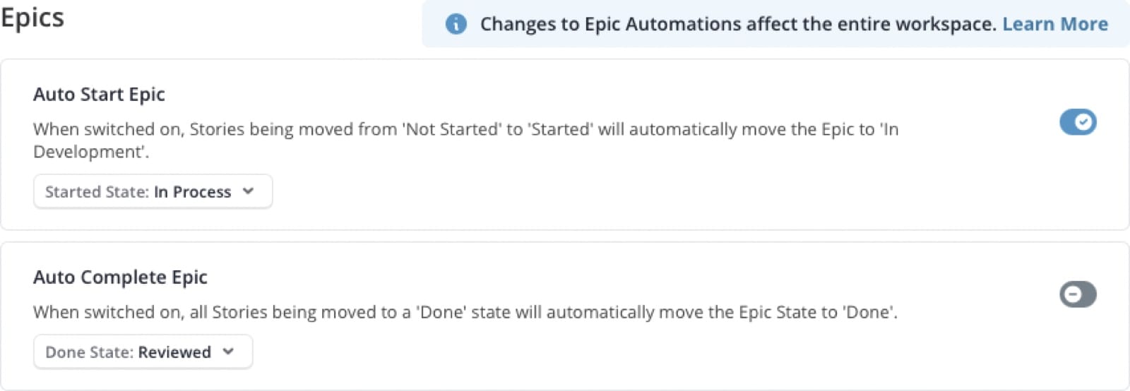 Shortcut Epic Automations settings — Auto Start on, Auto Complete off