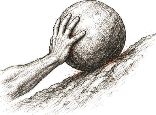A hand pushing a boulder uphill