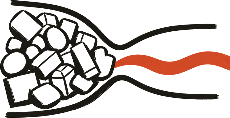 Blocks jamming a channel that narrows into a single flowing ribbon