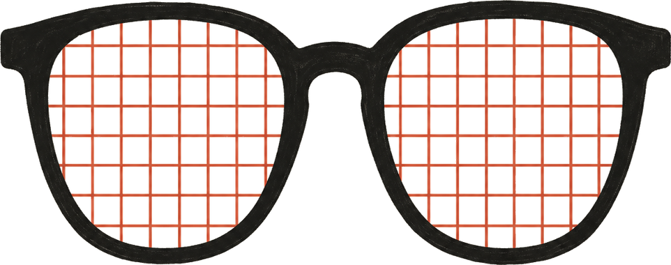 Spectacles with a grid drawn across both lenses
