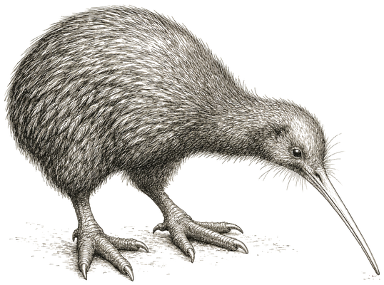 A kiwi, beak to the ground, investigating a small chrysalis