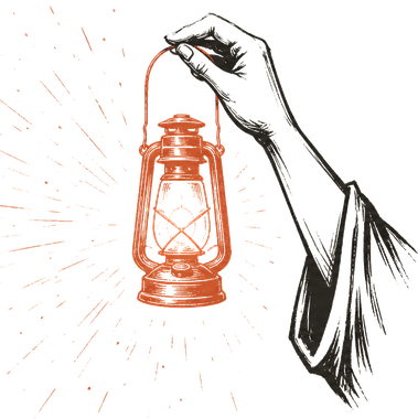 A hand holding up a lit lantern