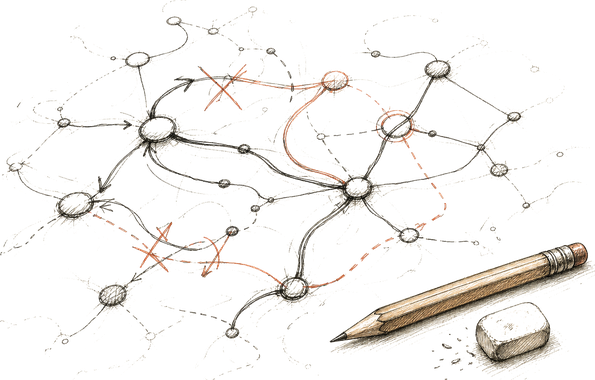 A pencil-sketched network of nodes with paths crossed out and redrawn