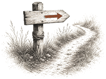 A worn path running past a wooden signpost