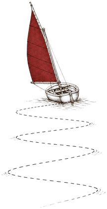 A small sailboat with a terracotta sail tacking upwind, its zigzag wake trailing behind