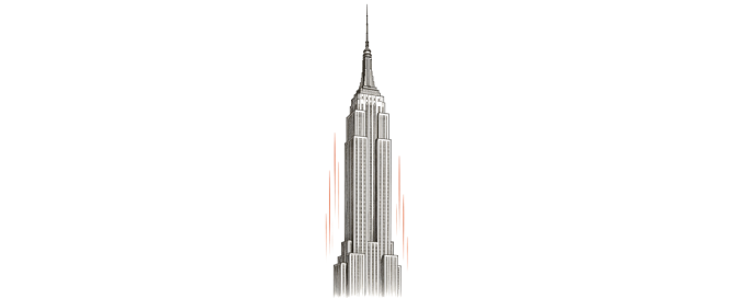 Hand-drawn Empire State Building, an art-deco skyscraper, centred with subtle terracotta speed lines evoking its fast 1930-31 build. No people.