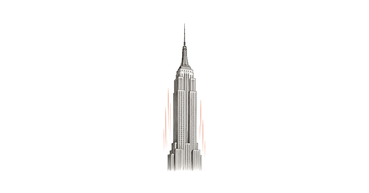 Hand-drawn Empire State Building, an art-deco skyscraper, centred with subtle terracotta speed lines evoking its fast 1930-31 build. No people.