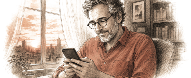 Pen-and-ink illustration: a man in a rust shirt sits at dusk holding a smartphone with a gentle half-smile, warm sunset window light on the left, a darkened study with bookshelves on the right.