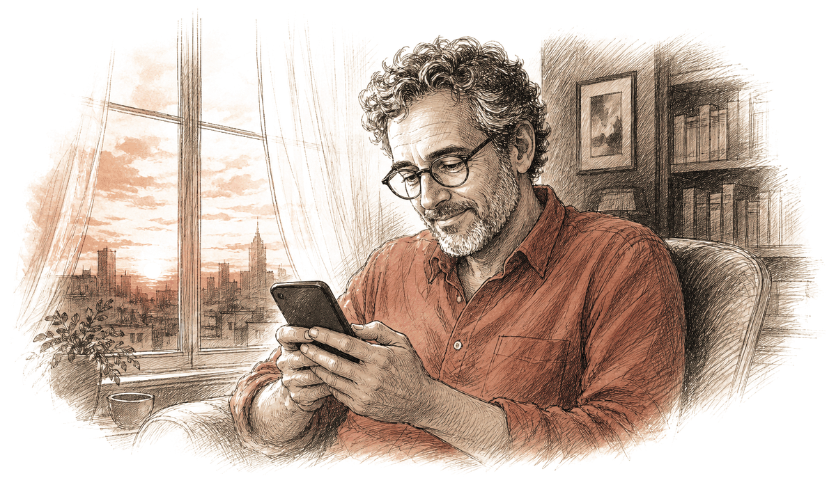 Pen-and-ink illustration: a man in a rust shirt sits at dusk holding a smartphone with a gentle half-smile, warm sunset window light on the left, a darkened study with bookshelves on the right.