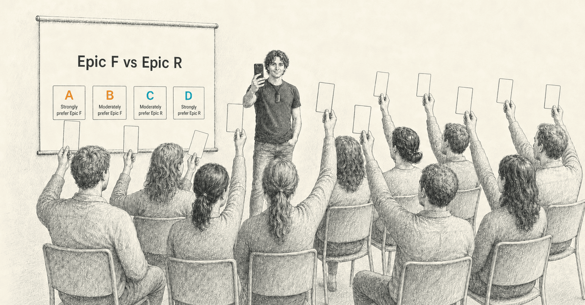 A facilitator scans a room of stakeholders holding up Plickers cards to vote on 'Epic F vs Epic R', with a four-point preference scale on the screen.