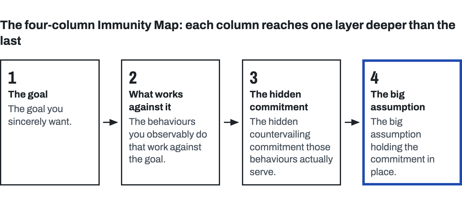 Four numbered columns joined by arrows, each one layer deeper than the last: 1, the goal, the goal you sincerely want; 2, what works against it, the behaviours you observably do that work against the goal; 3, the hidden commitment, the hidden countervailing commitment those behaviours actually serve; 4, emphasised, the big assumption holding the commitment in place.