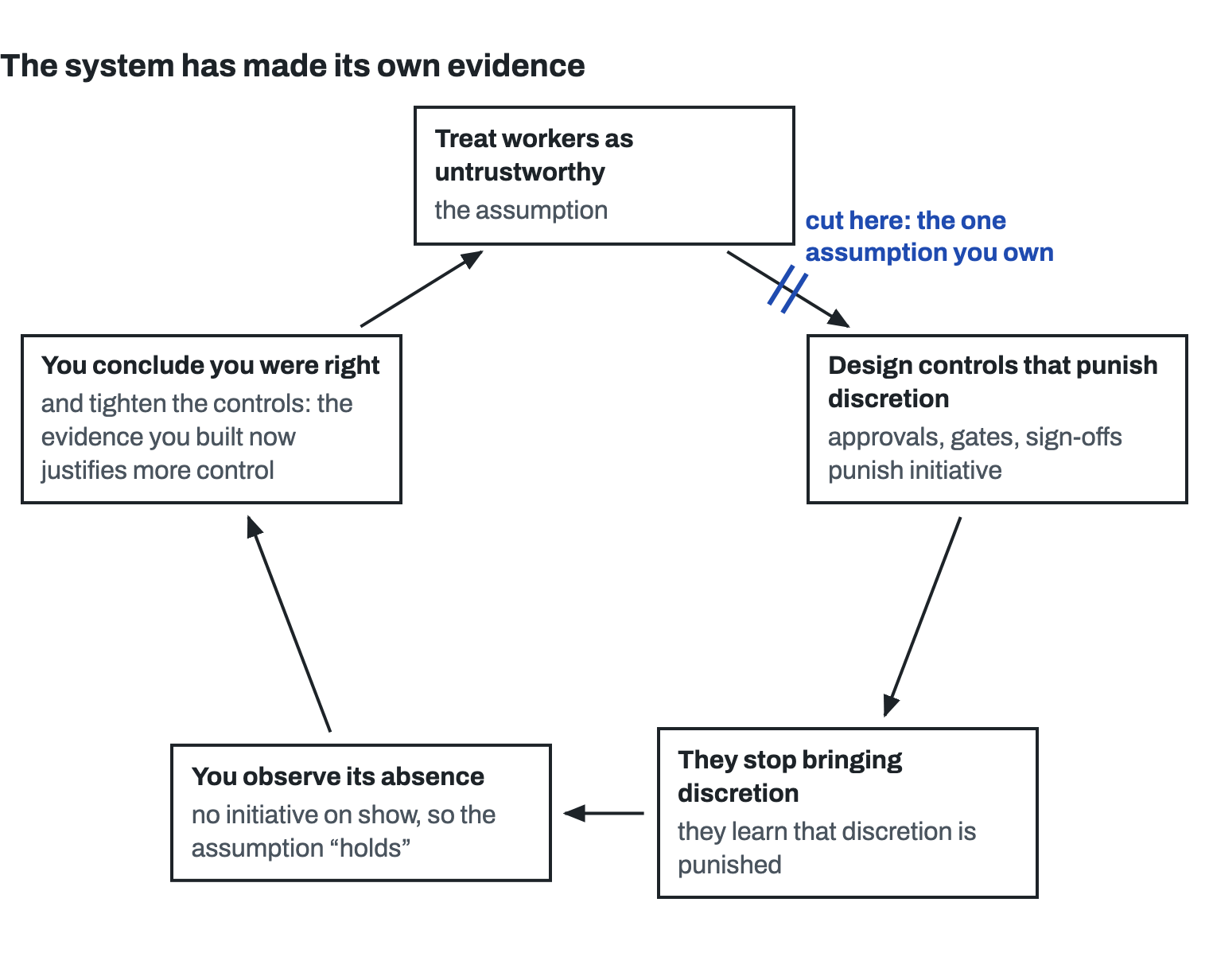 A five-step loop. The leader treats workers as untrustworthy; designs controls that punish discretion, with approvals, gates and sign-offs that punish initiative; the workers stop bringing discretion; the leader observes its absence, so the assumption “holds”; the leader concludes they were right and tightens the controls, and the evidence they built justifies more control, back to the start. A cut on the arrow from the assumption to the controls reads: the one assumption you own.
