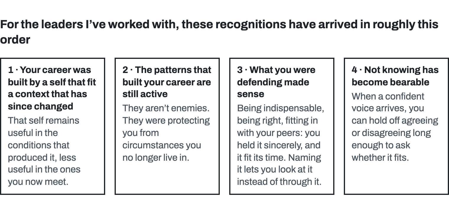 Four numbered recognitions. 1: your career was built by a self that fit a context that has since changed; that self remains useful in the conditions that produced it. 2: the patterns that built your career are still active; they aren't enemies, they were protecting you from circumstances you no longer live in. 3: what you were defending made sense; being indispensable, being right, fitting in with your peers, you held it sincerely and it fit its time, and naming it lets you look at it instead of through it. 4: not knowing has become bearable; when a confident voice arrives, you can hold off agreeing or disagreeing long enough to ask whether it fits.